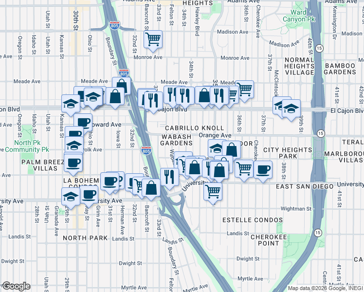 map of restaurants, bars, coffee shops, grocery stores, and more near 4150 34th Street in San Diego
