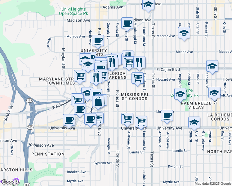 map of restaurants, bars, coffee shops, grocery stores, and more near 4112 Florida Street in San Diego