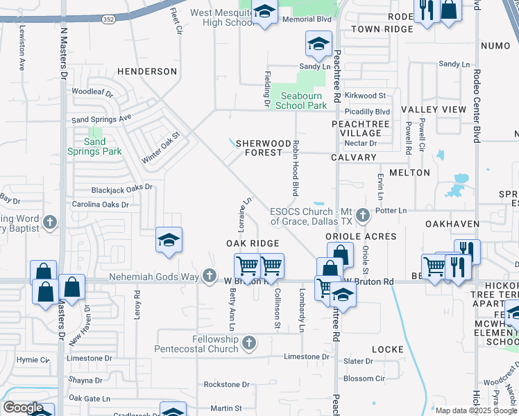 map of restaurants, bars, coffee shops, grocery stores, and more near 1609 South Sam Houston Road in Mesquite