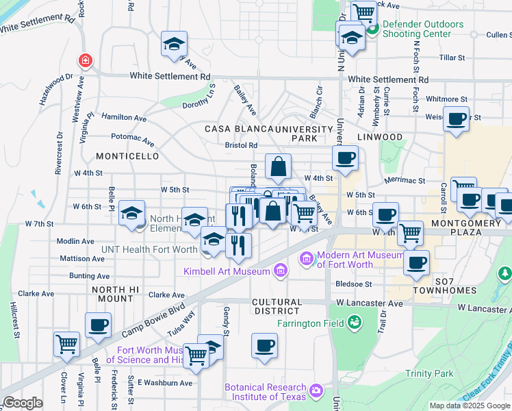 map of restaurants, bars, coffee shops, grocery stores, and more near 3336 West 6th Street in Fort Worth