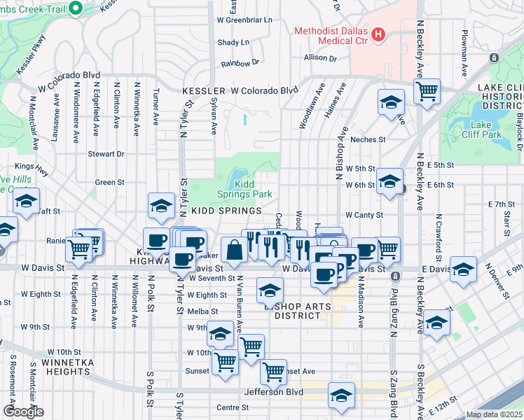 map of restaurants, bars, coffee shops, grocery stores, and more near 627 West Canty Street in Dallas