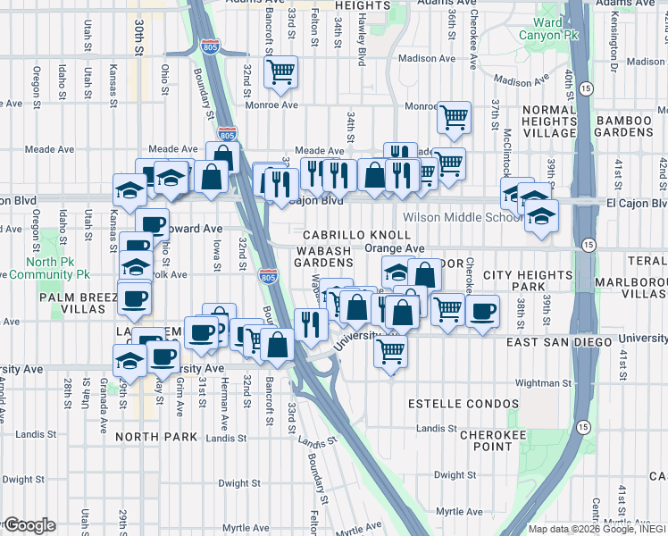 map of restaurants, bars, coffee shops, grocery stores, and more near 4150 34th Street in San Diego
