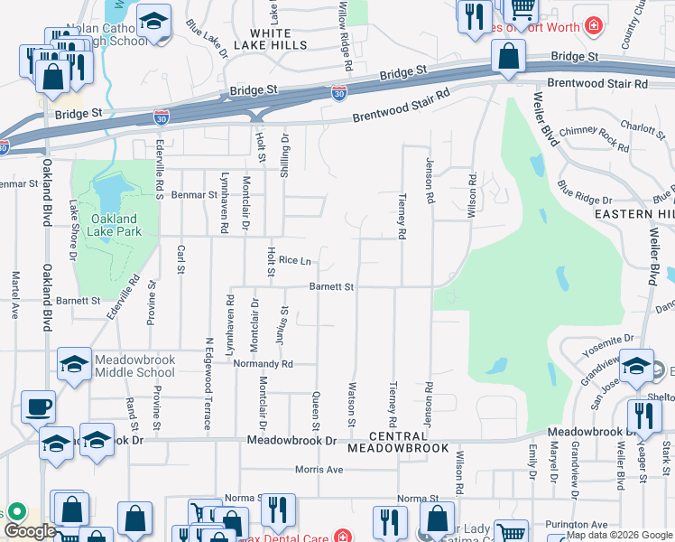map of restaurants, bars, coffee shops, grocery stores, and more near 4912 Queen Court in Fort Worth