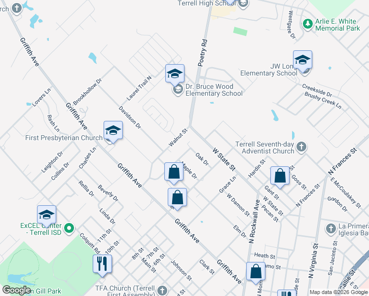 map of restaurants, bars, coffee shops, grocery stores, and more near 309 Westvue Street in Terrell