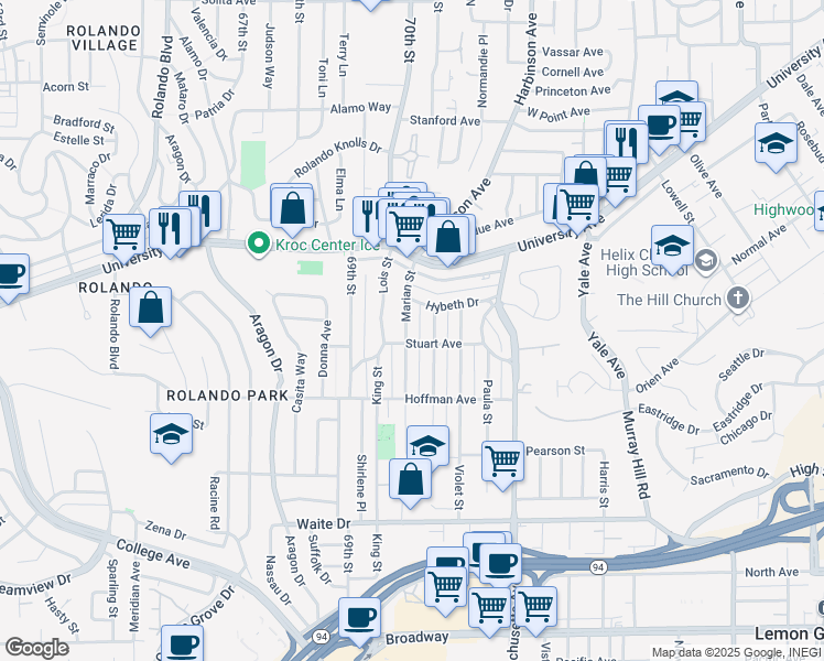 map of restaurants, bars, coffee shops, grocery stores, and more near 4145 Marian Street in La Mesa