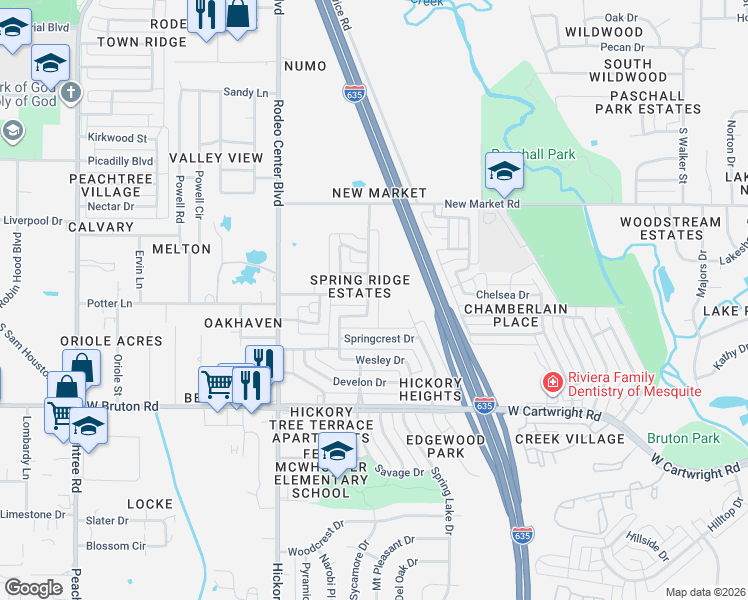 map of restaurants, bars, coffee shops, grocery stores, and more near 1220 Cedarcrest Drive in Mesquite