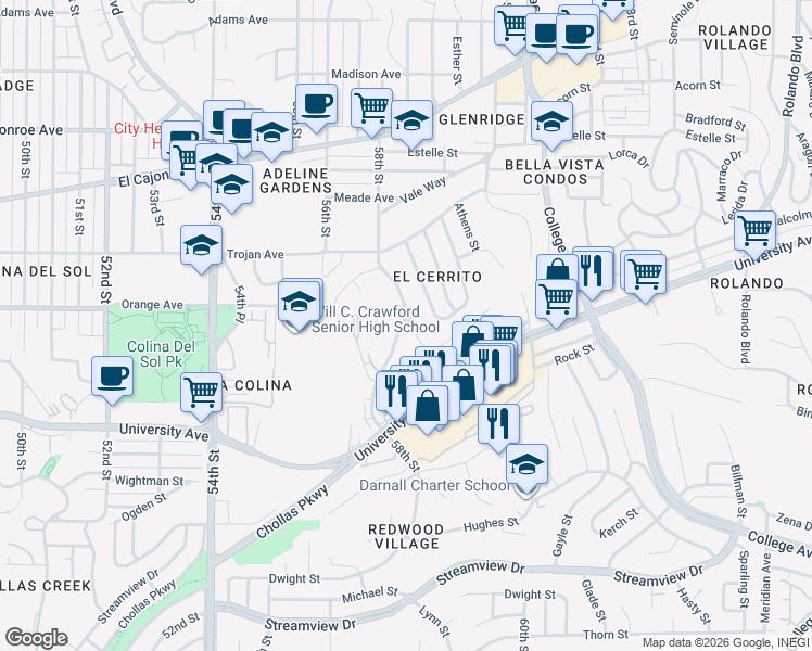 map of restaurants, bars, coffee shops, grocery stores, and more near 4173 58th Street in San Diego