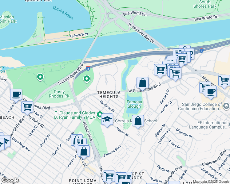 map of restaurants, bars, coffee shops, grocery stores, and more near 4314 West Point Loma Boulevard in San Diego