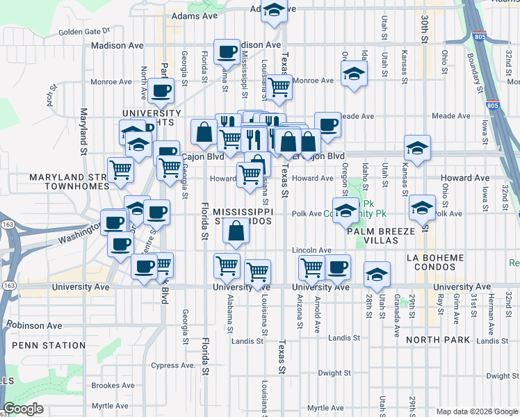 map of restaurants, bars, coffee shops, grocery stores, and more near 4114 Louisiana Street in San Diego