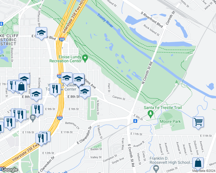 map of restaurants, bars, coffee shops, grocery stores, and more near 441 Hart Street in Dallas