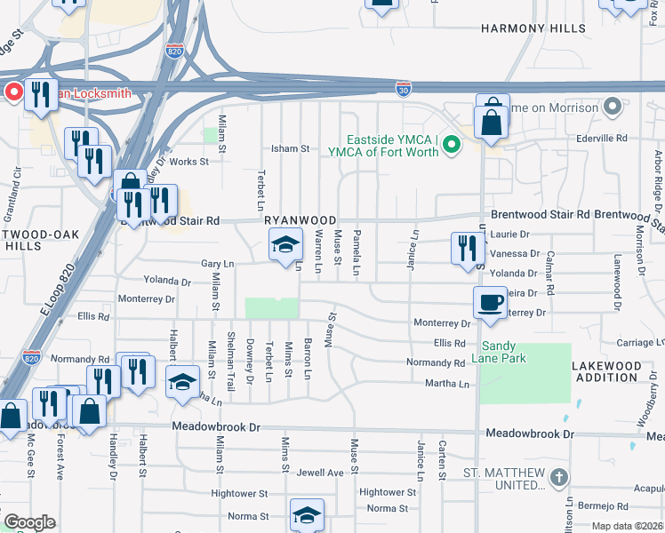 map of restaurants, bars, coffee shops, grocery stores, and more near 1816 Muse Street in Fort Worth