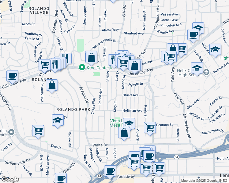map of restaurants, bars, coffee shops, grocery stores, and more near 4144 Lois Street in La Mesa