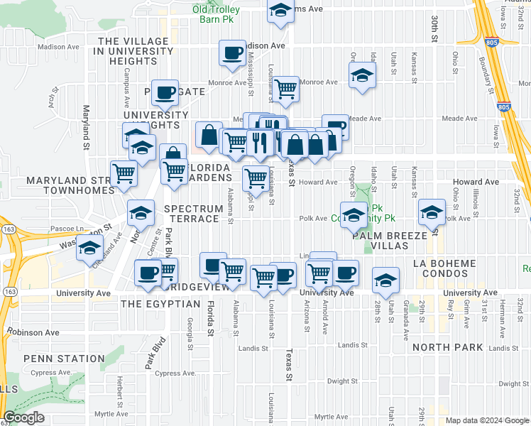 map of restaurants, bars, coffee shops, grocery stores, and more near 4114 Louisiana Street in San Diego