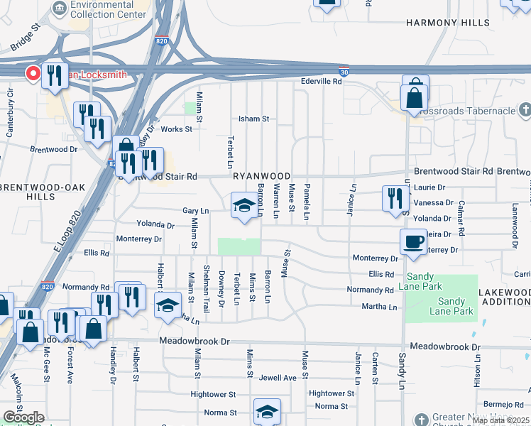 map of restaurants, bars, coffee shops, grocery stores, and more near 1817 Barron Lane in Fort Worth
