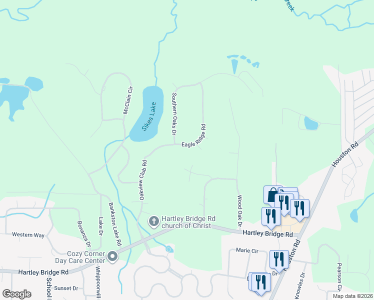 map of restaurants, bars, coffee shops, grocery stores, and more near 321 Eagle Ridge Road in Macon