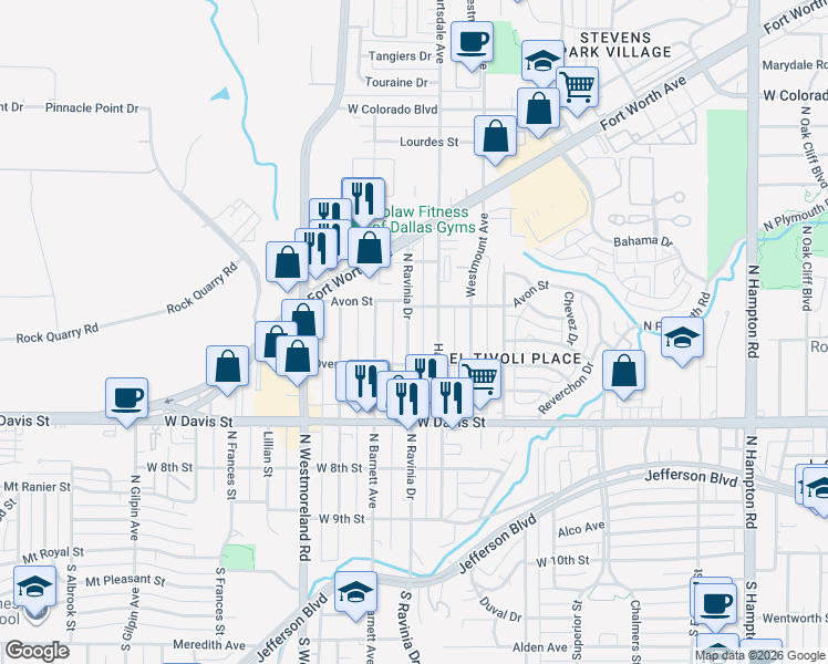 map of restaurants, bars, coffee shops, grocery stores, and more near 902 North Ravinia Drive in Dallas