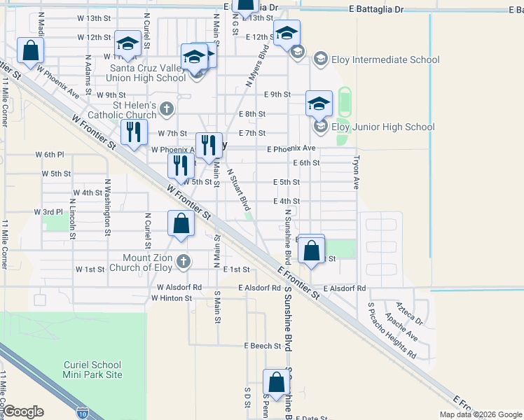 map of restaurants, bars, coffee shops, grocery stores, and more near 307 North D Street in Eloy