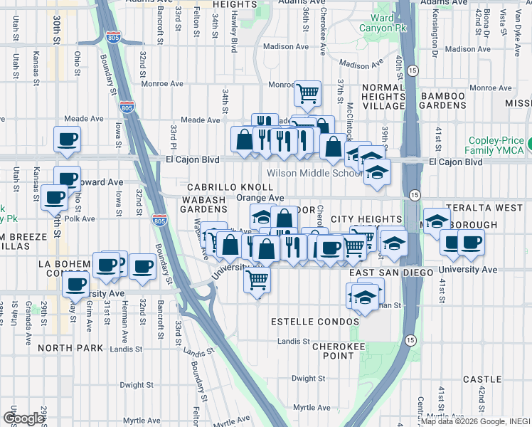 map of restaurants, bars, coffee shops, grocery stores, and more near 4152 Wilson Avenue in San Diego