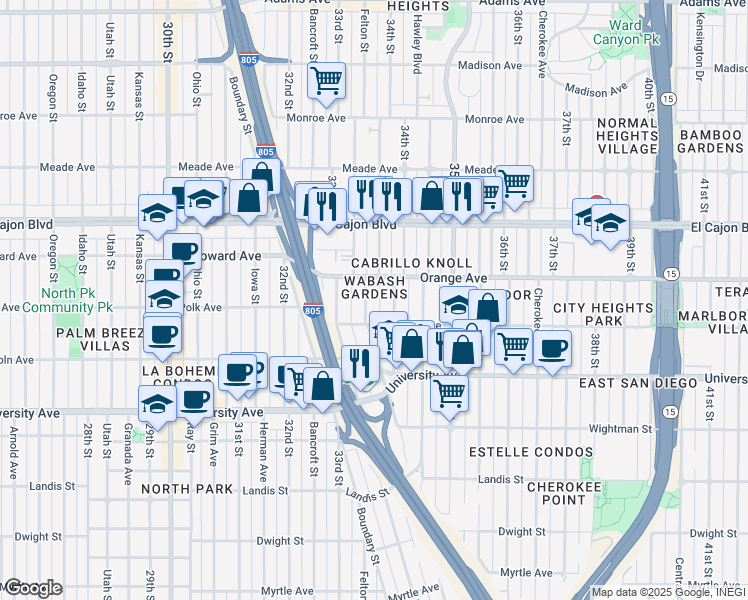 map of restaurants, bars, coffee shops, grocery stores, and more near 4149 Wabash Avenue in San Diego