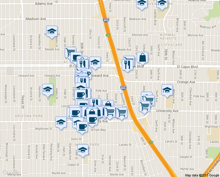map of restaurants, bars, coffee shops, grocery stores, and more near 4124 32nd Street in San Diego