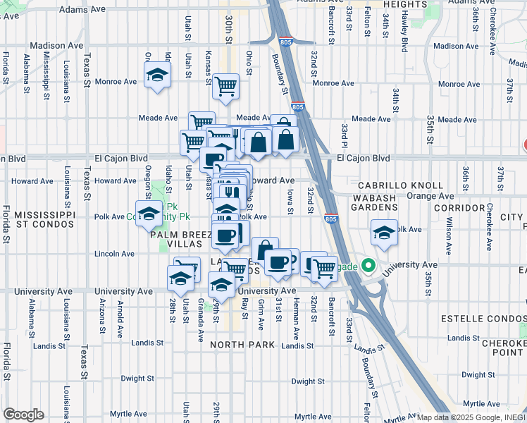 map of restaurants, bars, coffee shops, grocery stores, and more near 4111 Illinois Street in San Diego