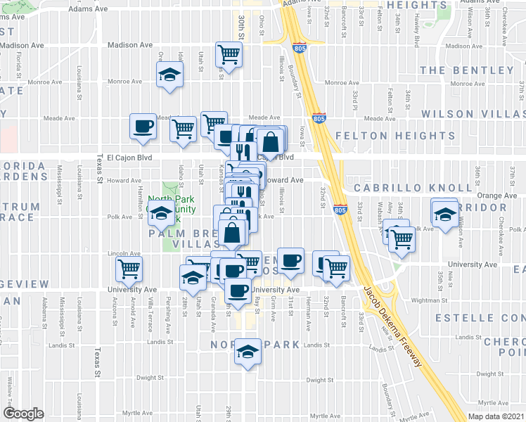 map of restaurants, bars, coffee shops, grocery stores, and more near 4124 Ohio Street in San Diego