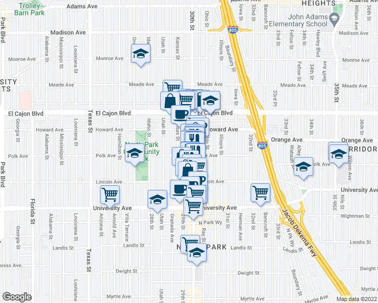 map of restaurants, bars, coffee shops, grocery stores, and more near 4108 1/2 30th Street in San Diego