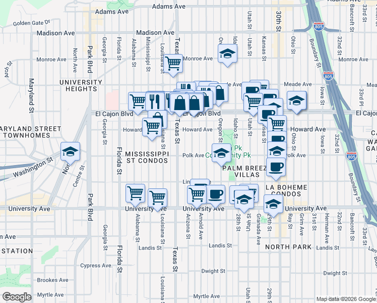 map of restaurants, bars, coffee shops, grocery stores, and more near 4114 1/2 Arizona Street in San Diego