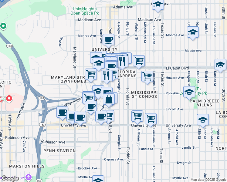 map of restaurants, bars, coffee shops, grocery stores, and more near 4114 Georgia Street in San Diego