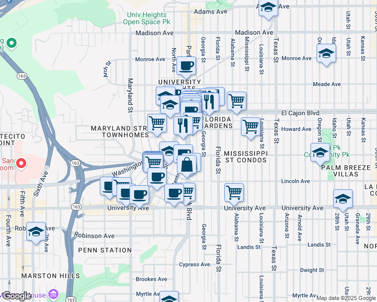 map of restaurants, bars, coffee shops, grocery stores, and more near in San Diego