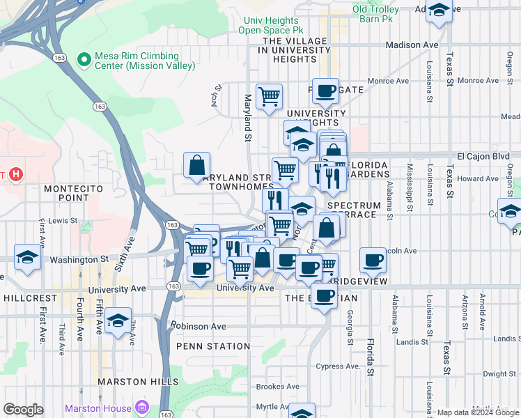 map of restaurants, bars, coffee shops, grocery stores, and more near 4191 Cleveland Avenue in San Diego