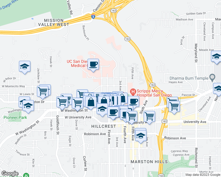 map of restaurants, bars, coffee shops, grocery stores, and more near 4136 Bachman Place in San Diego