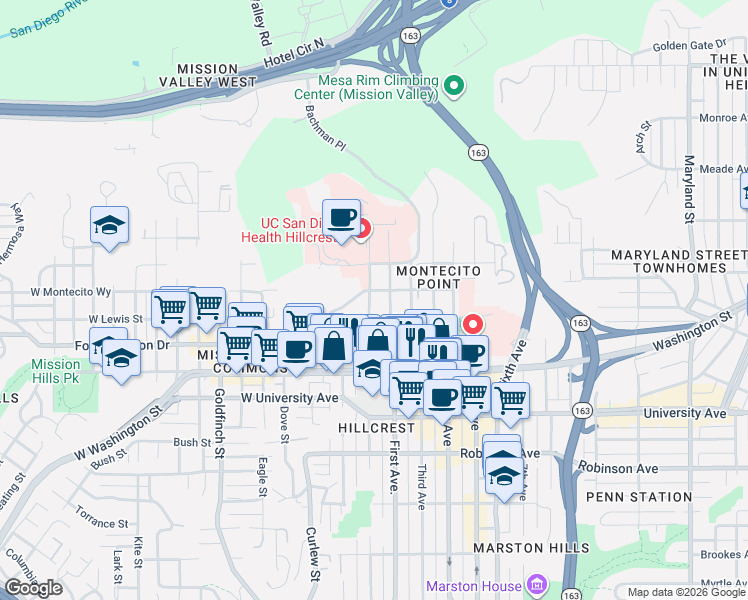 map of restaurants, bars, coffee shops, grocery stores, and more near 4130 Front Street in San Diego
