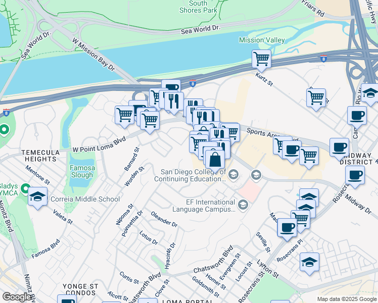 map of restaurants, bars, coffee shops, grocery stores, and more near 3202 Duke Street in San Diego