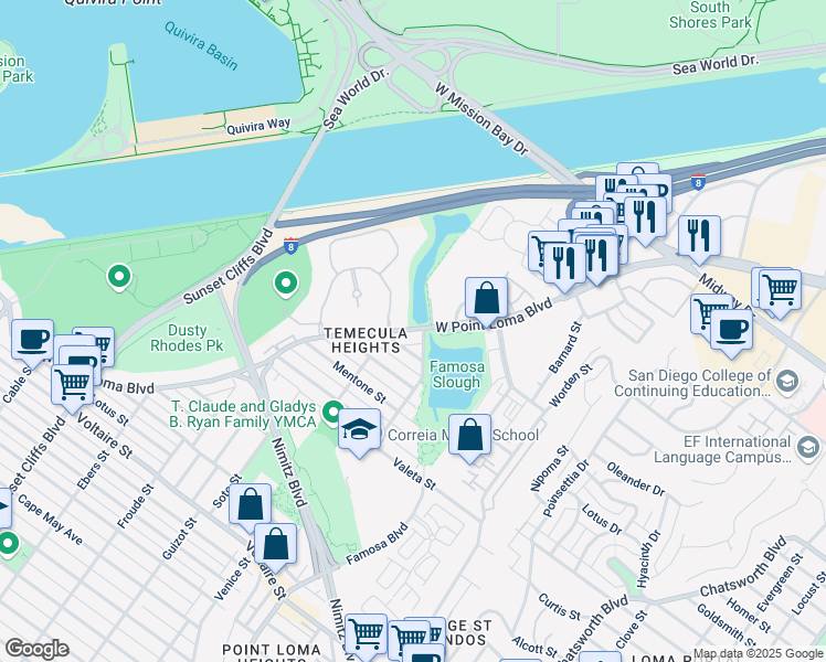 map of restaurants, bars, coffee shops, grocery stores, and more near 4363 West Point Loma Boulevard in San Diego