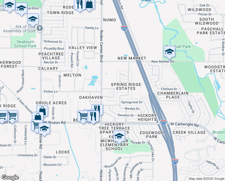 map of restaurants, bars, coffee shops, grocery stores, and more near 1301 Maple Ridge Drive in Mesquite