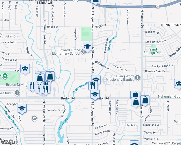 map of restaurants, bars, coffee shops, grocery stores, and more near 9577 Castlefield Drive in Dallas
