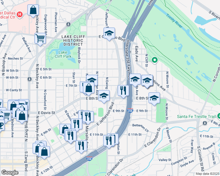map of restaurants, bars, coffee shops, grocery stores, and more near 722 East 7th Street in Dallas