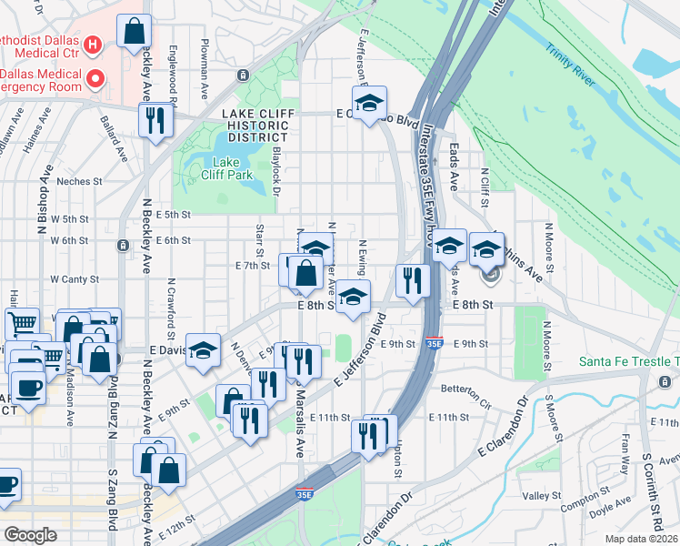 map of restaurants, bars, coffee shops, grocery stores, and more near 330 North Lancaster Avenue in Dallas