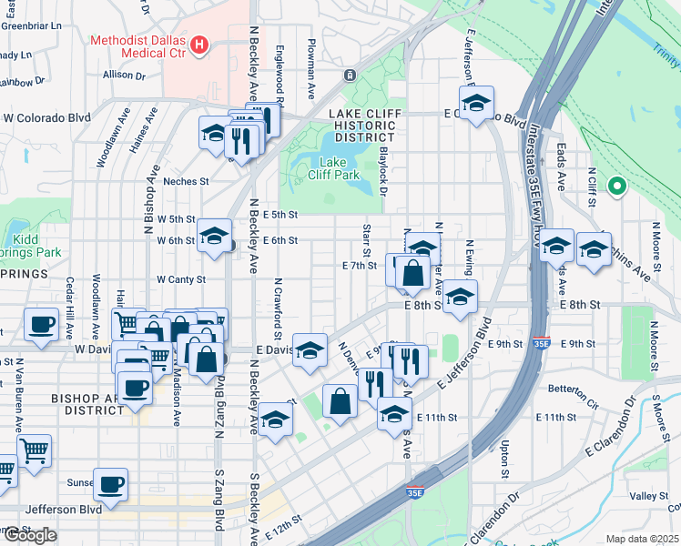 map of restaurants, bars, coffee shops, grocery stores, and more near 430 North Denver Street in Dallas