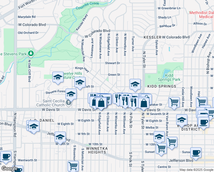 map of restaurants, bars, coffee shops, grocery stores, and more near 1302 Kings Highway in Dallas