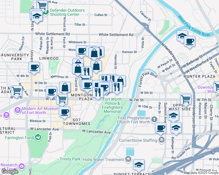 map of restaurants, bars, coffee shops, grocery stores, and more near 2301 West 5th Street in Fort Worth