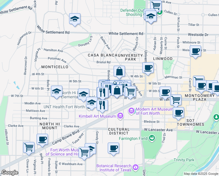 map of restaurants, bars, coffee shops, grocery stores, and more near 3336 West 6th Street in Fort Worth