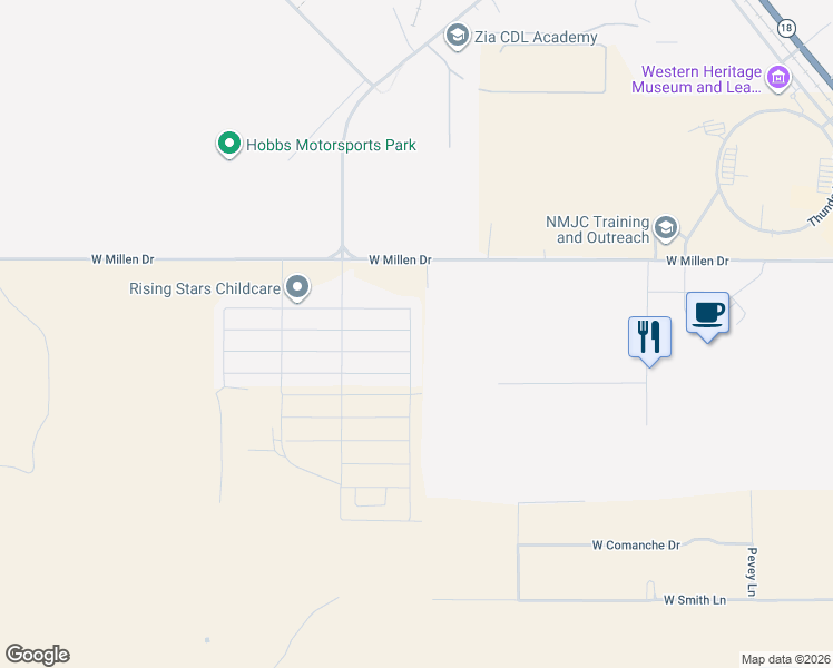map of restaurants, bars, coffee shops, grocery stores, and more near 4630 North Backstretch Road in Hobbs