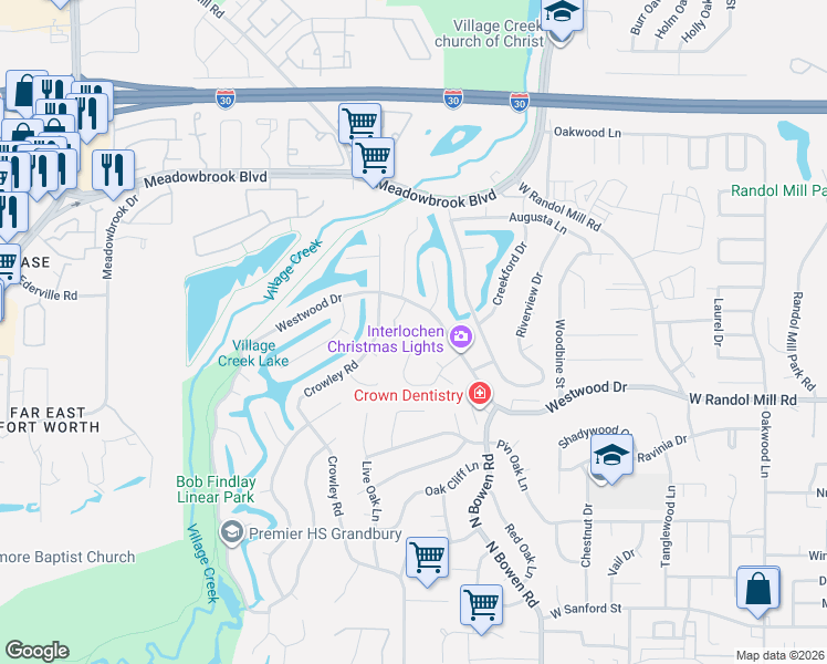 map of restaurants, bars, coffee shops, grocery stores, and more near 1433 Crownhill Drive in Arlington