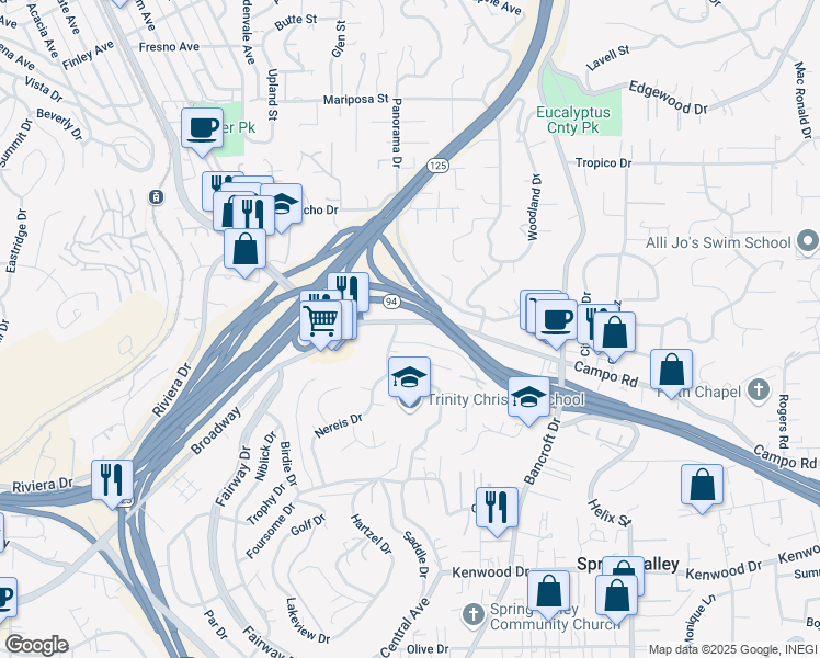 map of restaurants, bars, coffee shops, grocery stores, and more near 8817 Campo Road in Spring Valley