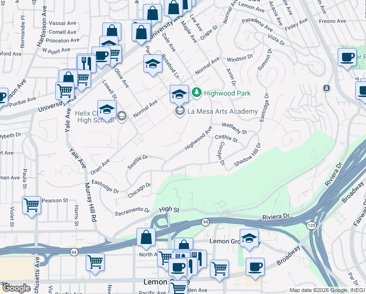 map of restaurants, bars, coffee shops, grocery stores, and more near 7760 Highwood Avenue in La Mesa
