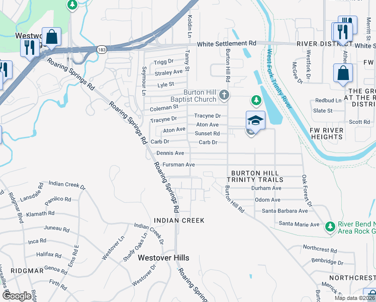 map of restaurants, bars, coffee shops, grocery stores, and more near 5800 Dennis Avenue in Fort Worth