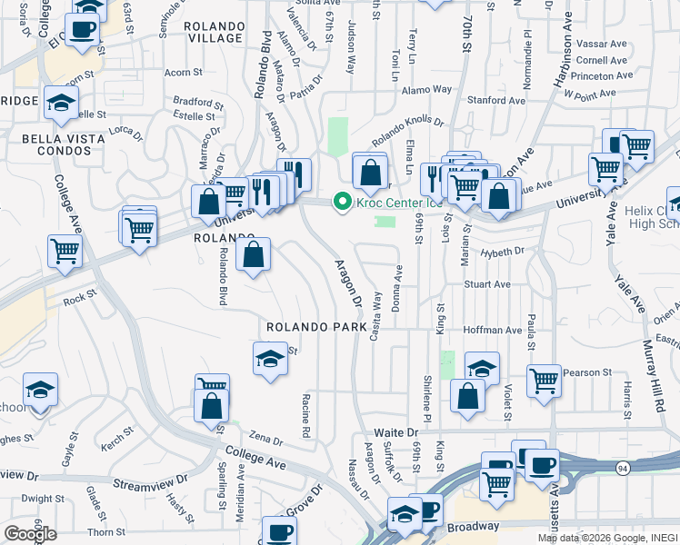 map of restaurants, bars, coffee shops, grocery stores, and more near 4108 Aragon Drive in San Diego