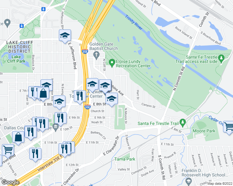 map of restaurants, bars, coffee shops, grocery stores, and more near 332 North Denley Drive in Dallas